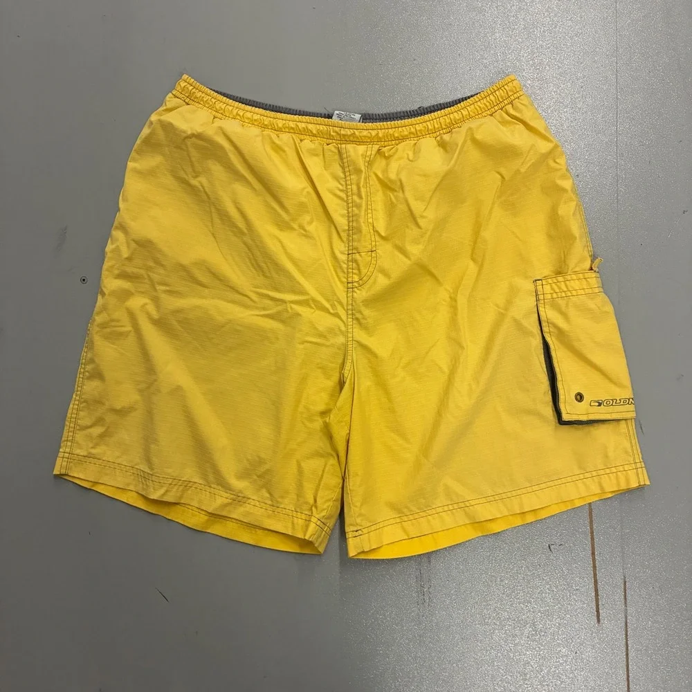 Vintage Old Navy Mens Yellow Ripstop Swim Trunks Cargo Pocket Mesh Lined Large